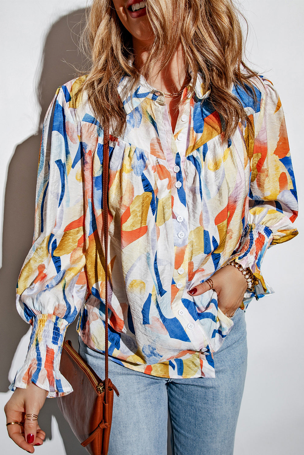 Collared Neckline Smocked Cuffs Printed Shirt