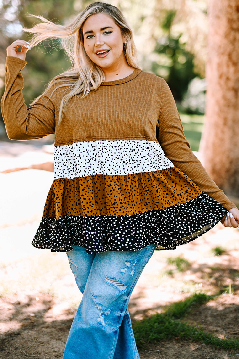 Haut à Volants en Tricot Imprimé à Pois de Grande Taille Marron