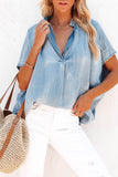 Split V-Neck Balloon Sleeve Ruched Denim Top