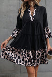 Black Leopard Trim V Neck Ruffled Sleeve Flared Dress