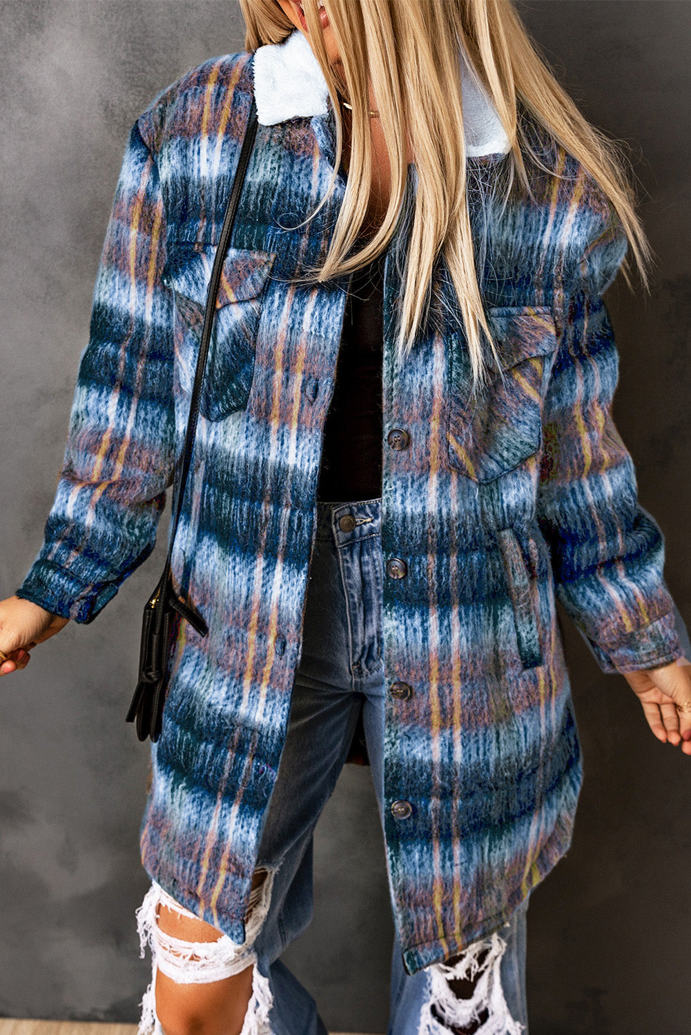 Manteau long brossé à carreaux multicolores avec doublure en laine