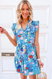 Sky Blue Floral Flutter Sleeve V Neck Ruffled Dress