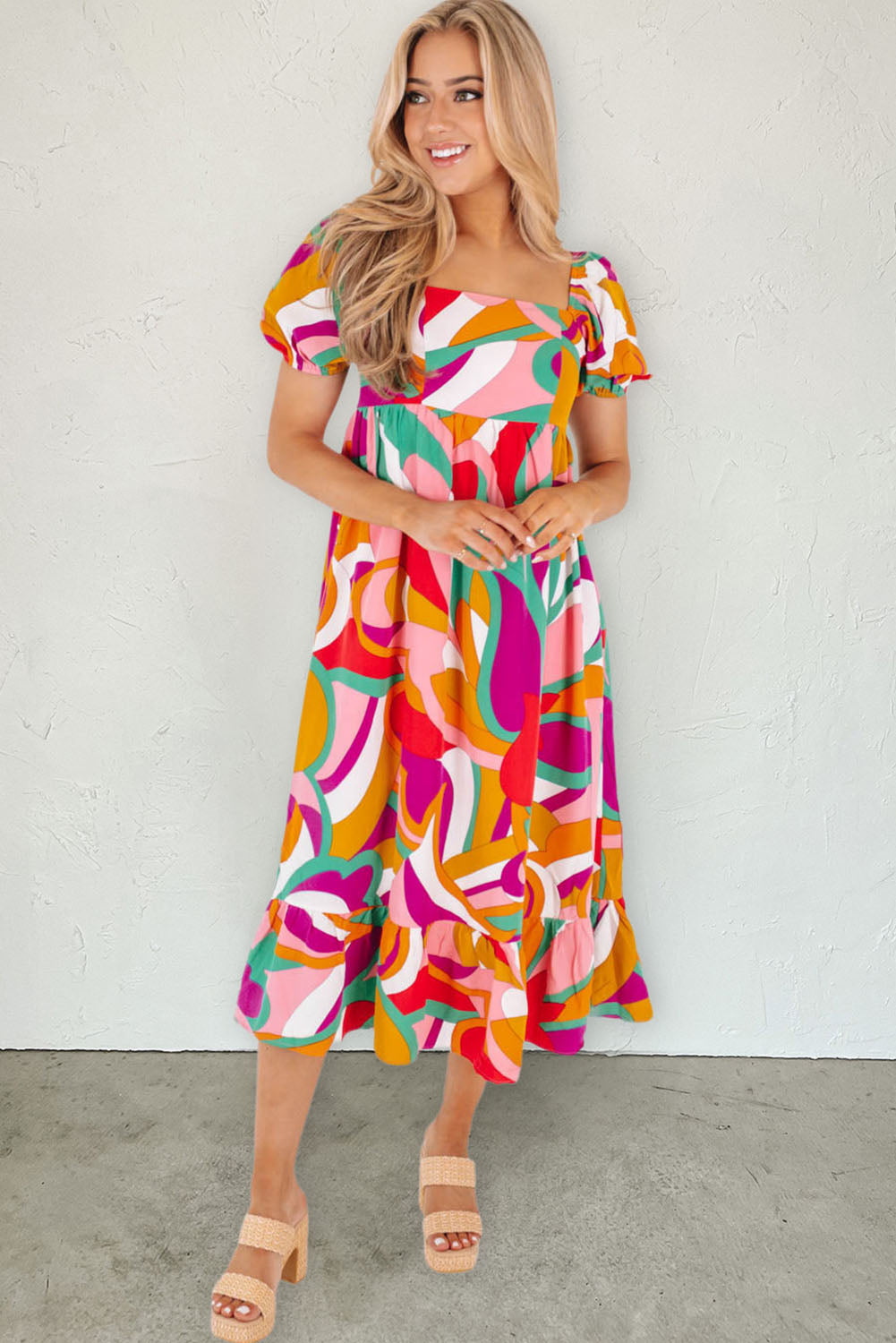 Abstract Print Square Neck Flowy Midi Dress