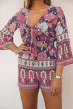 Vintage Printed 3/4 Sleeves V Neck Romper