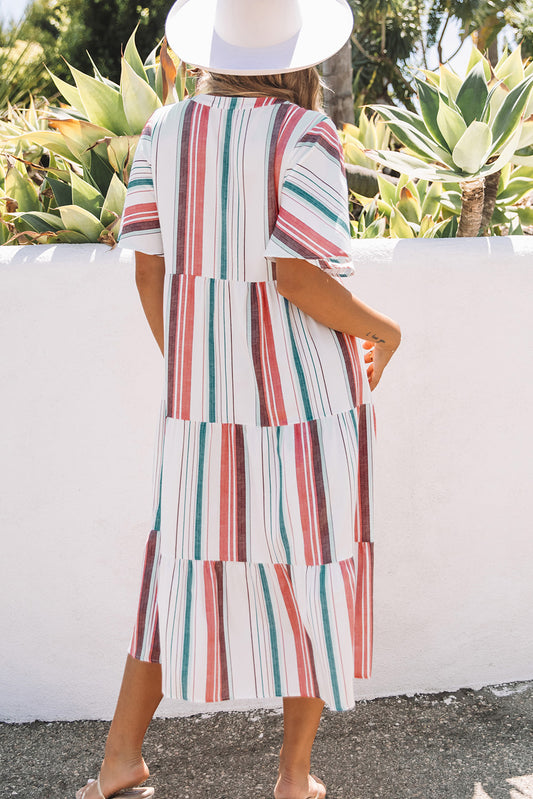 Robe chemise boutonnée à col en V rayée Serape