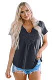 Gray Lace Crochet Patchwork V Neck T Shirt