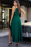 Robe haute basse plissée sans manches en satin vert avec poche