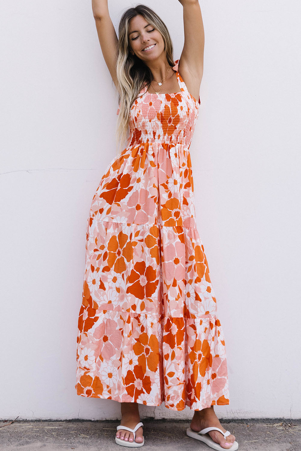 Shirred Lace-up Strap Sleeveless Floral Maxi Dress