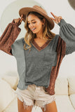 V Neck Color Block Patchwork Loose Pullover