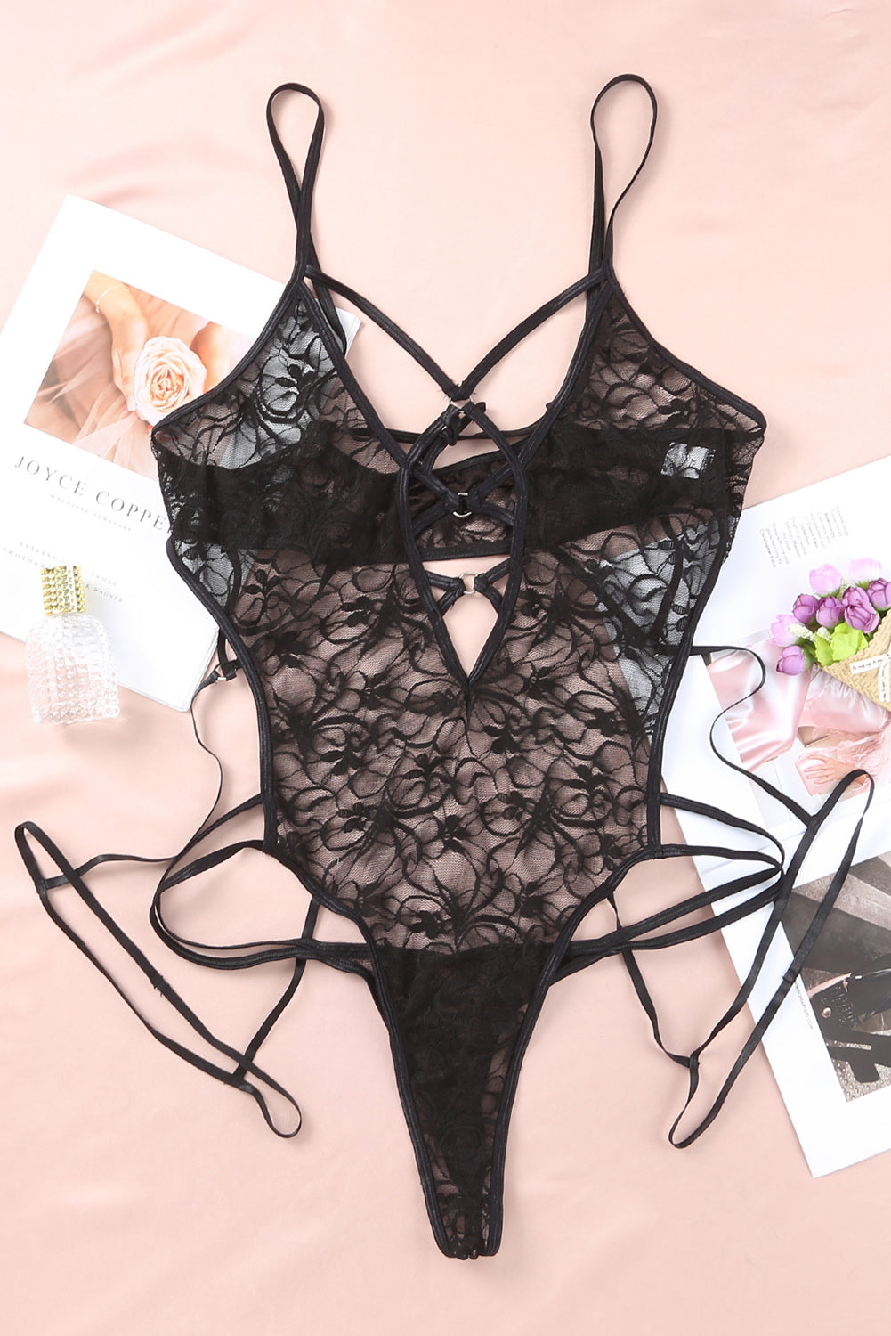 Plus Size Strappy Grommet Detail Sheer Mesh Teddy Lingerie