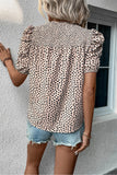 Khaki Leopard Shirred Round Neck Puff Sleeve Blouse