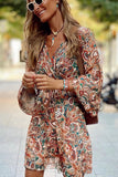 Geometric Print Long Sleeve Surplice Flowy Dress