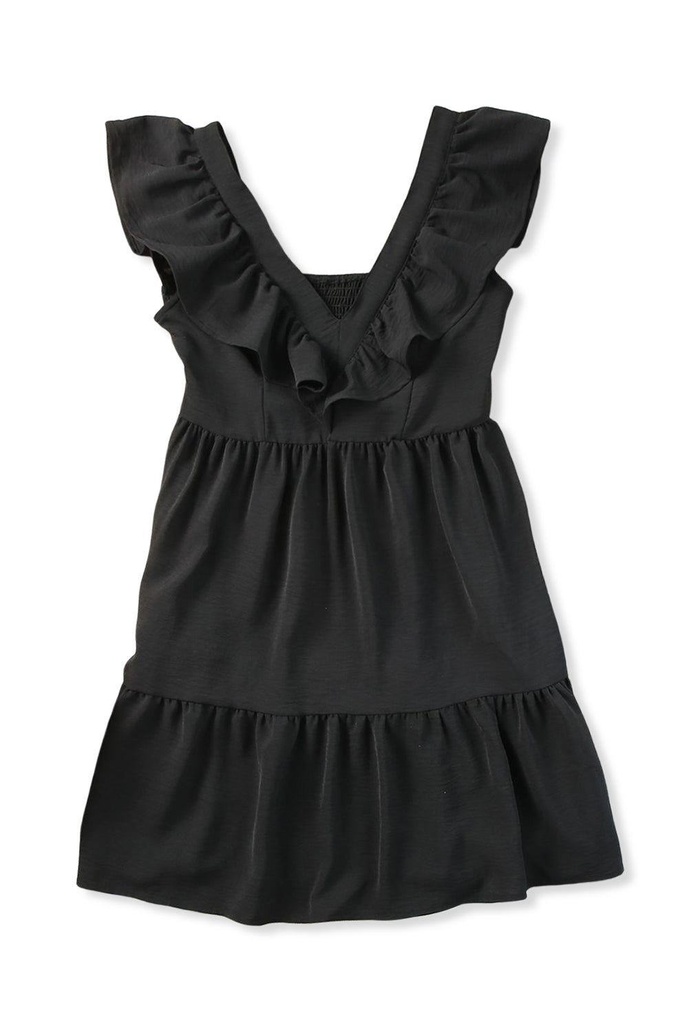 Ruffle Trim V Neck Smocking Back Mini Dress