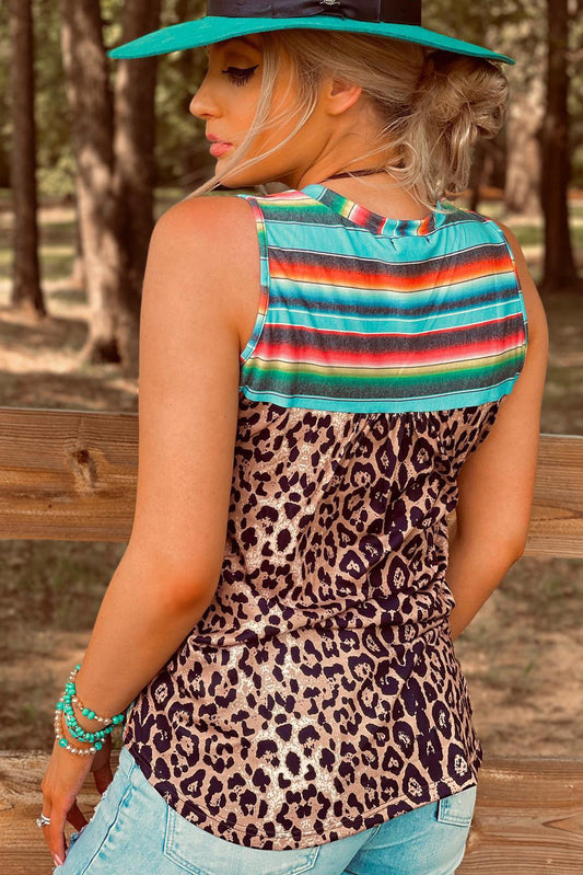 Serape Leopard Patchwork Pocket V Neck Tank Top