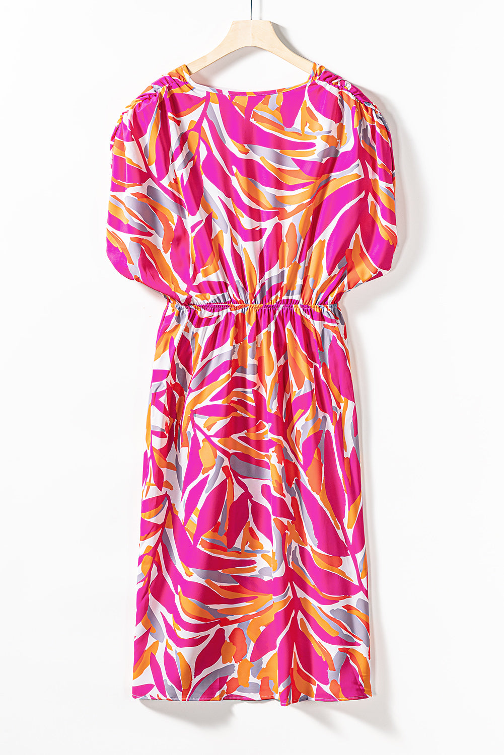 Tropical Leafy Print Drawstring V Neck Midi Dress