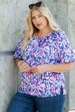 Plus Size Printed Round Neck Bubble Sleeve Blouse