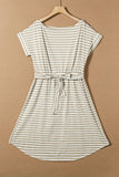 Khaki Stripe Short Sleeve Belted Wrapped Hemline T-Shirt Dress