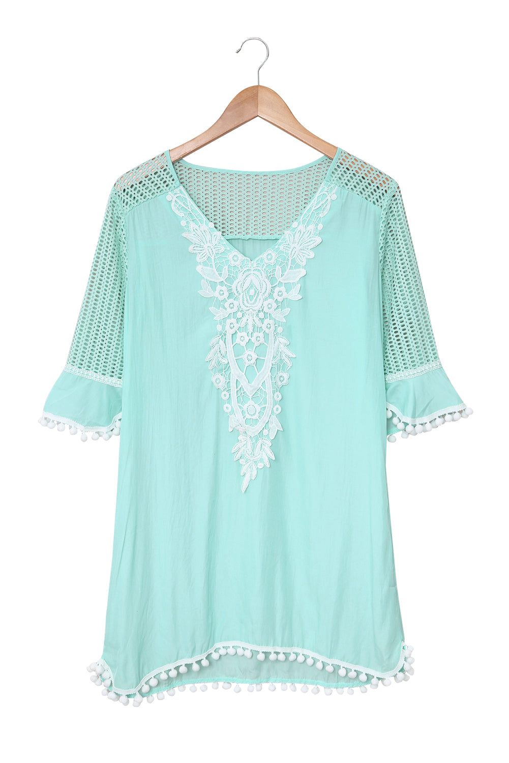 Crochet Pom Pom Trim Beach Tunic Cover up