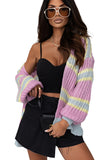 Contrast Striped Open Front Cable Cardigan