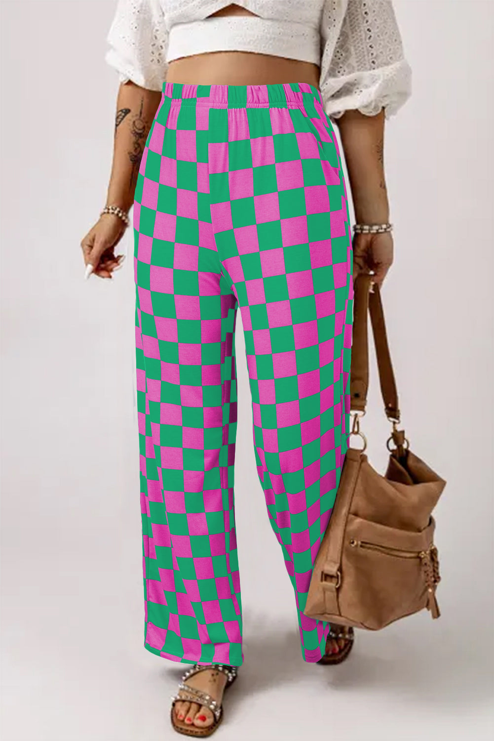 Bonbon 2-Tone Checked Print High Waist Wide Leg Pants