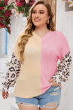 Plus Size Leopard Sleeve Color Block Waffle Knit Top