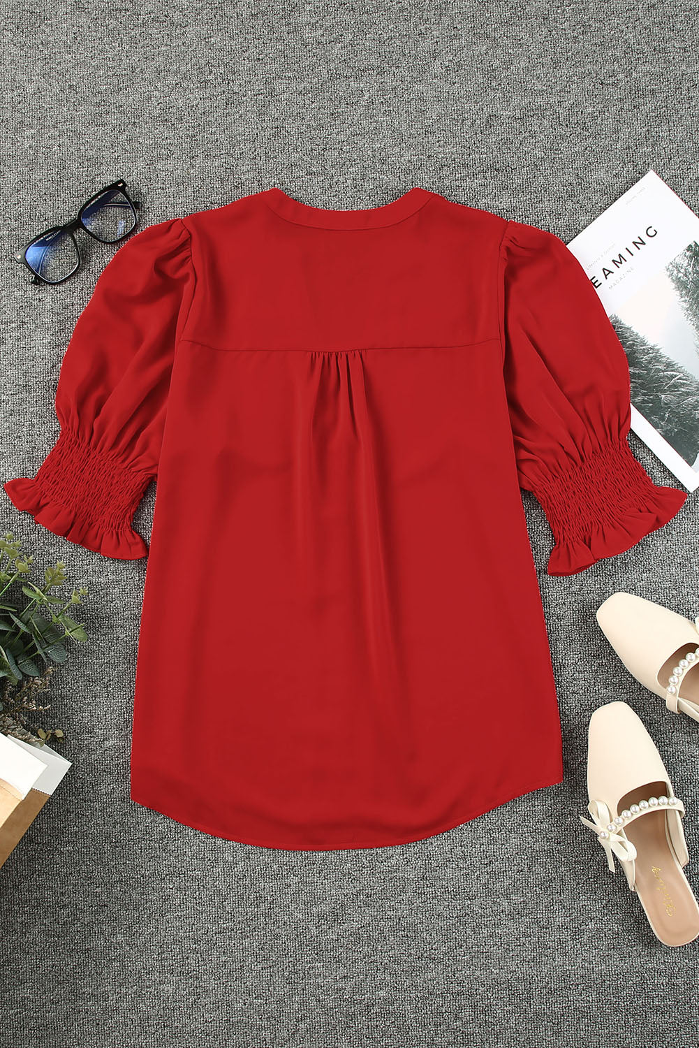 Solid Color Half Sleeve V Neck Blouse