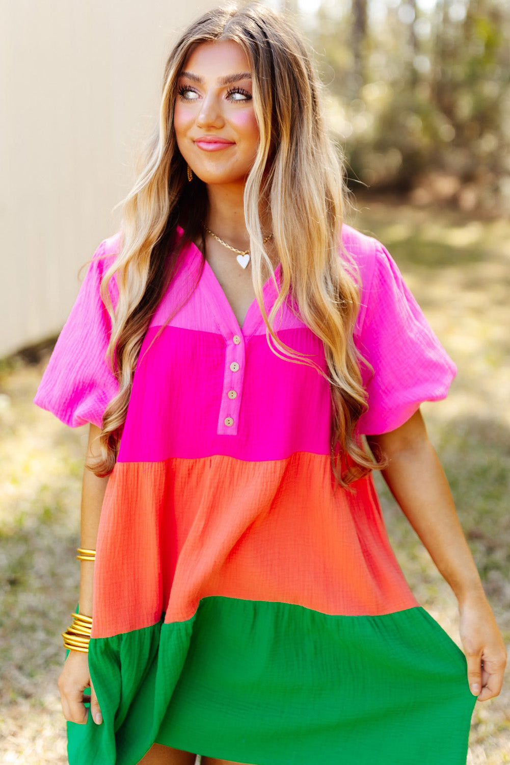 Crinkle Bubble Sleeve Color Block Blouse