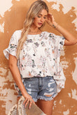 Floral Ruffled Short Sleeve Back Knot Blouse