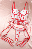 Heart Print Ruffled Strappy Three-piece Lingerie Set