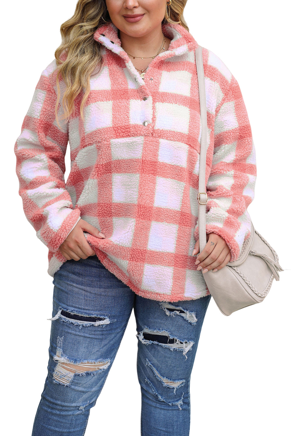 Sweat-shirt Henley Sherpa à carreaux rose tunique grande taille rose