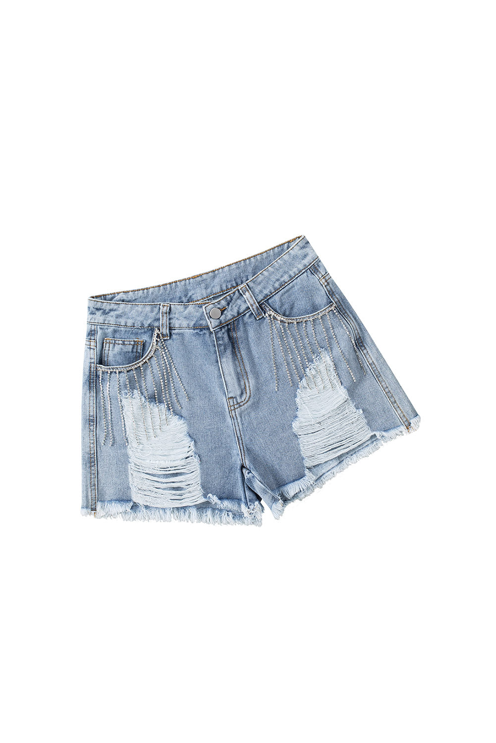 Short en jean effet vieilli à pampilles et strass bleu ciel