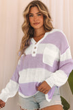 Striped Knit Button Ribbed Split Neck Sweater