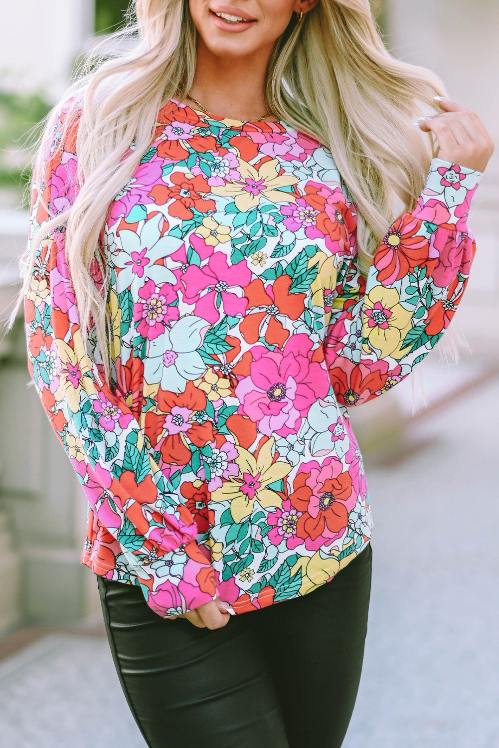 Twisted Hollow-out Back Floral Long Sleeve Top