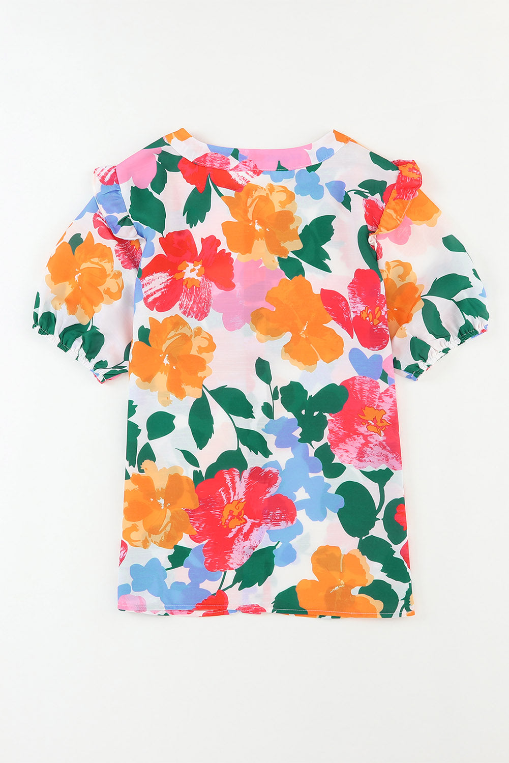 Floral Print Ruffle Trim Puff Sleeve Shirt