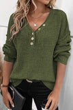 Khaki Pointelle Knit Button V Neck Drop Shoulder Sweater