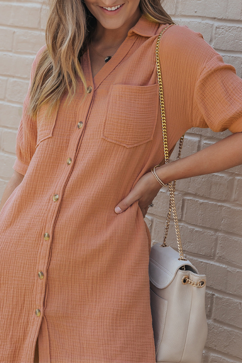 Crinkle Textured Joint Bubble Sleeve Shirt Dress