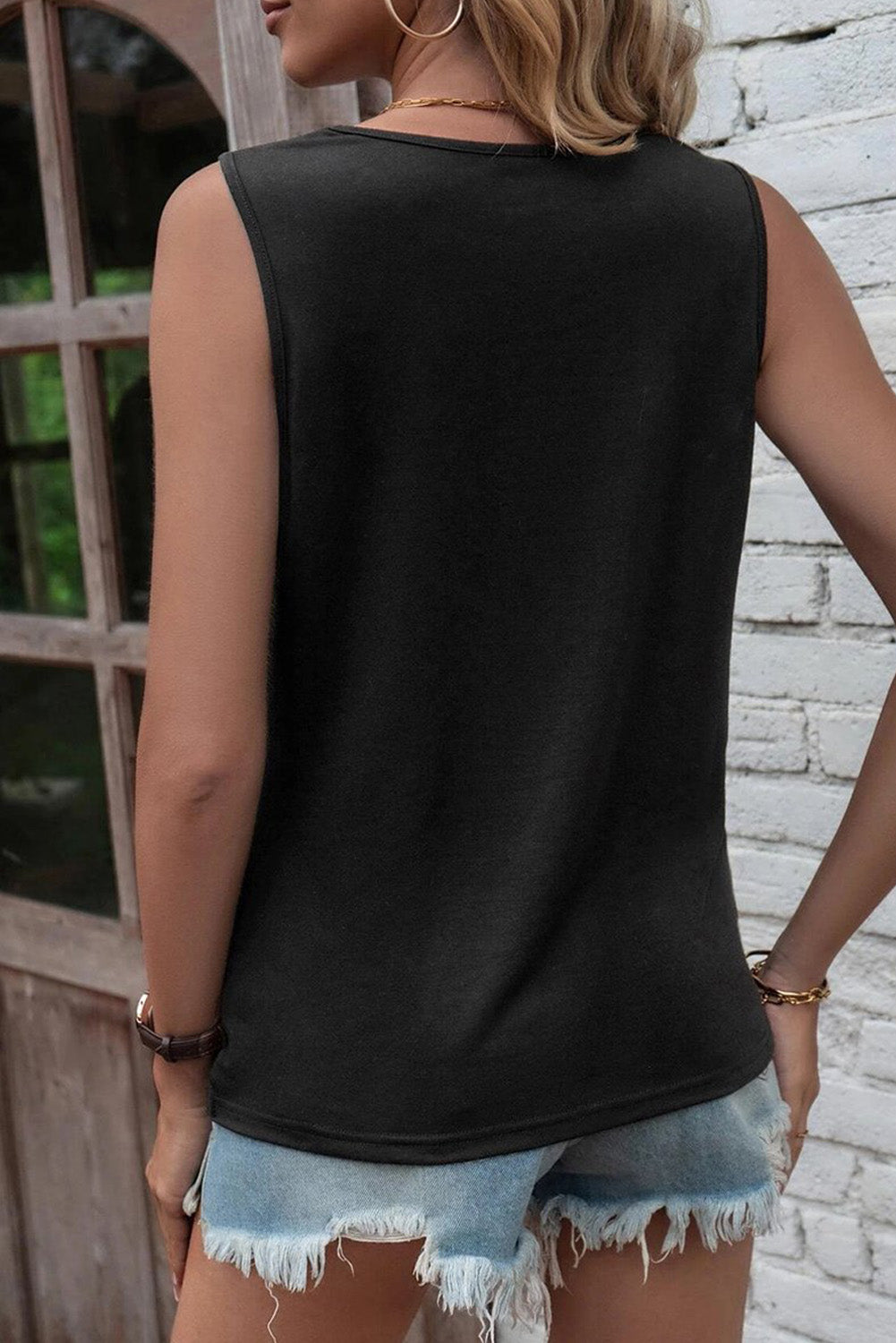 Laser Cut Slits Twist Front Tank Top