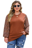 Plus Size Printed Splicing Sleeve Ribbed Trim Sweater