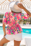 Pink Boho Flower Print Puff Sleeve Peplum Top