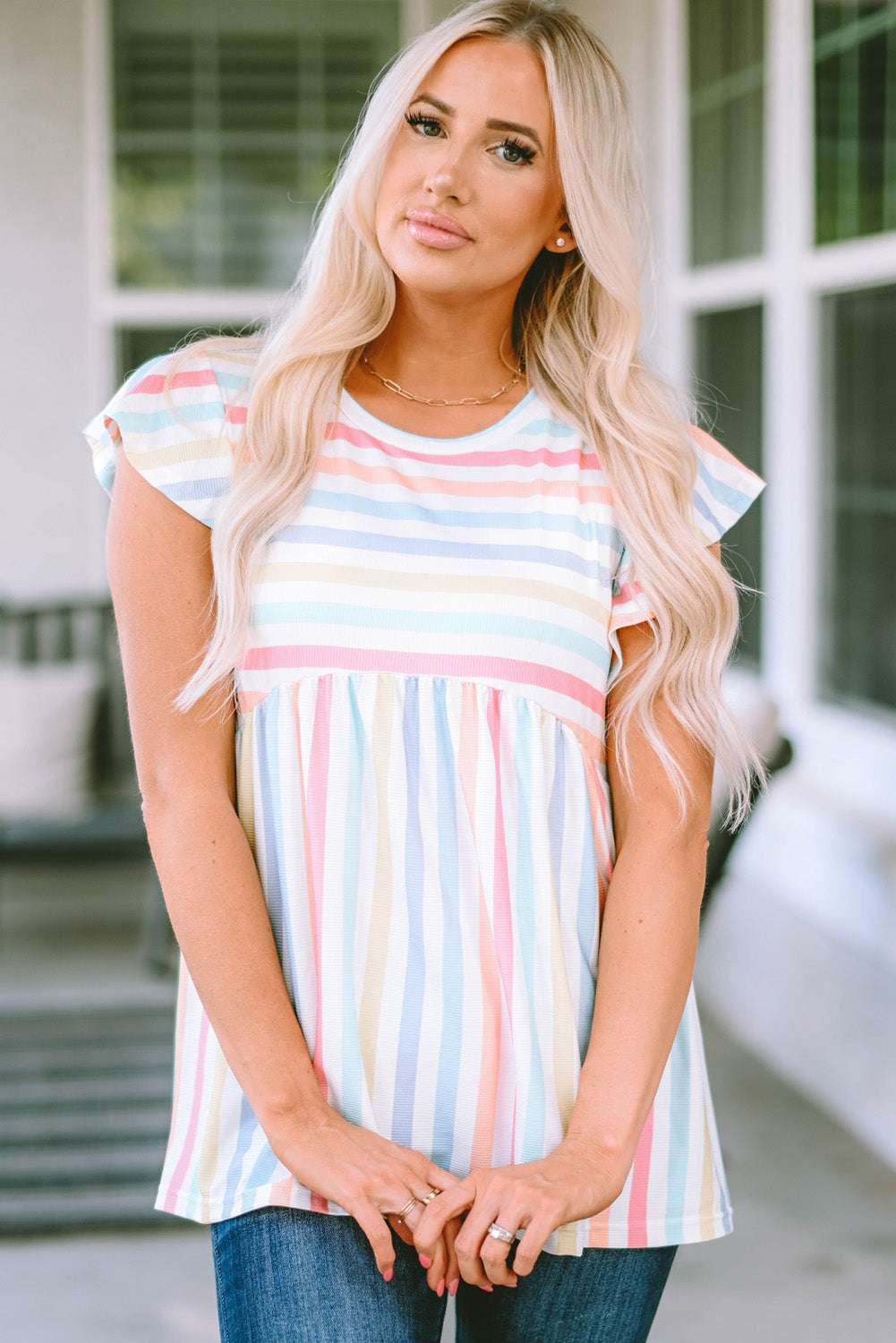 Stripe Print Textured Knit Babydoll Blouse