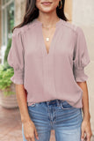 Solid Color Half Sleeve V Neck Blouse