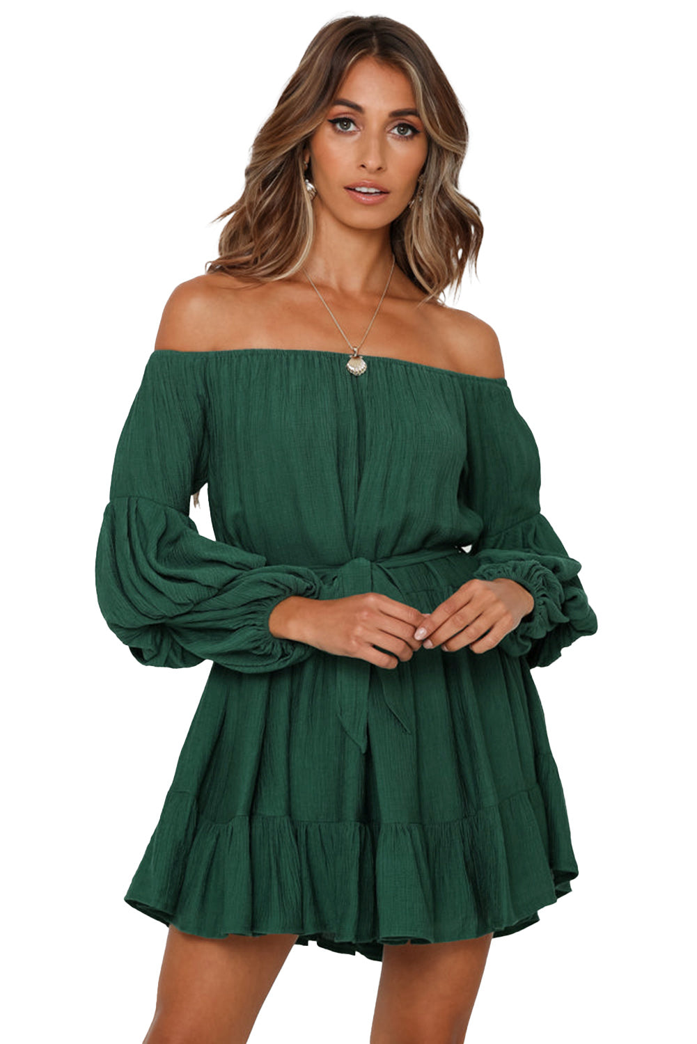 Off-Shoulder Tiered Bubble Sleeve Ruffled Dress