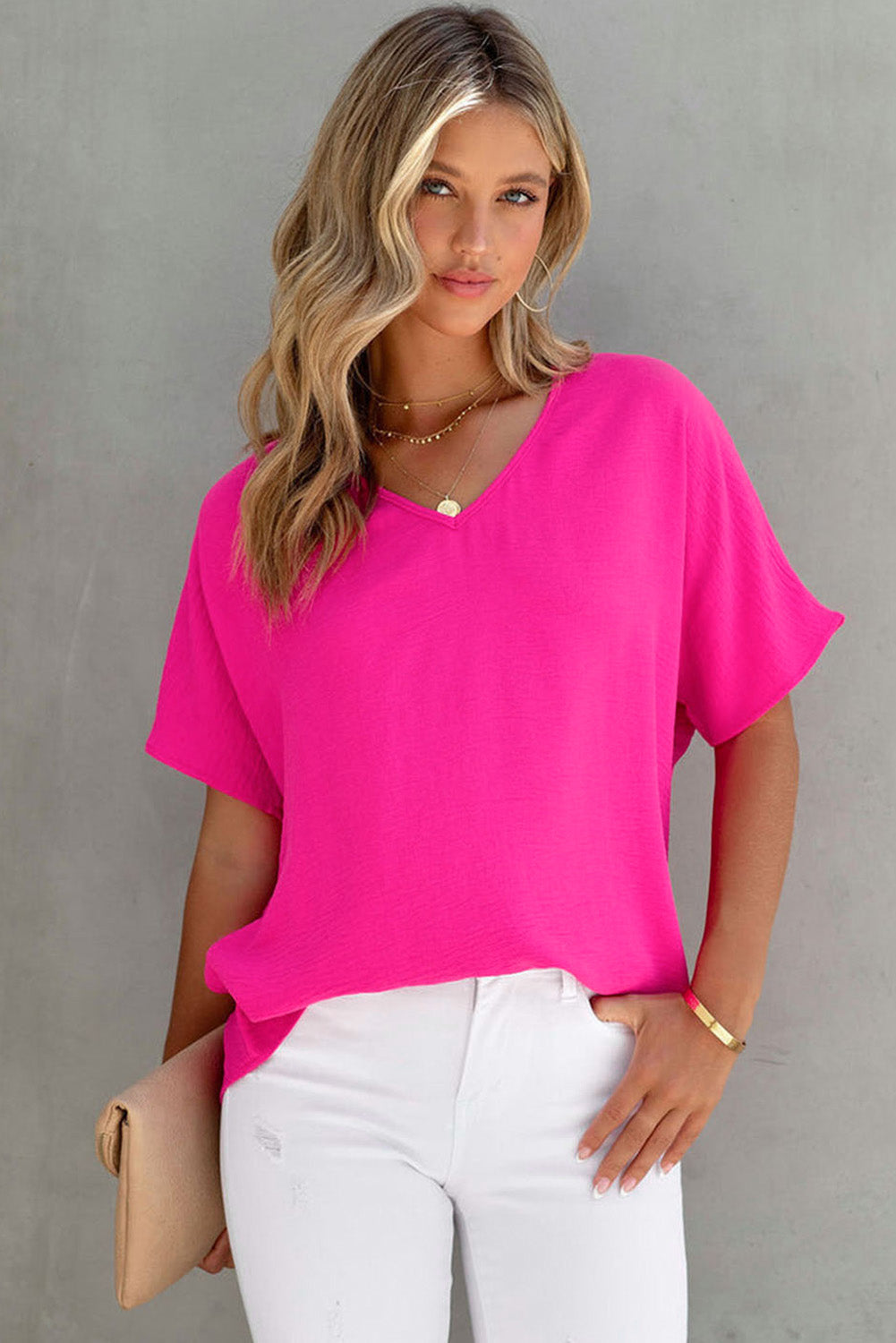 Solid V Neck Short Sleeve Blouse