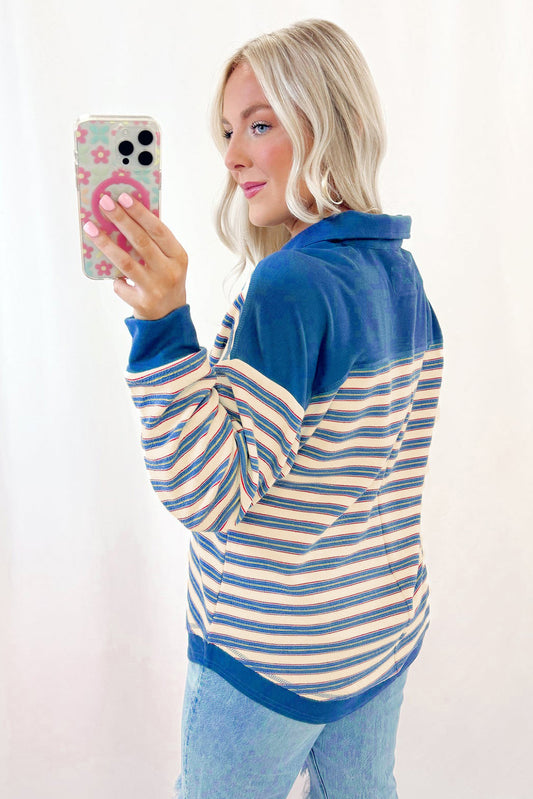 Blue Stripe Buttoned V Neck Collared Drop Shoulder Top