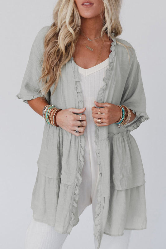 Ruffled Trim Half Sleeve Open Front Kimono