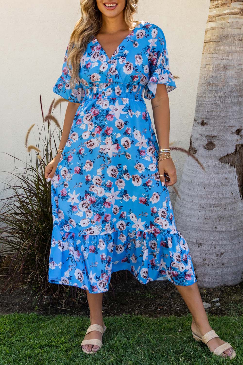 Ruffle Short Sleeve Bohemian Flower Long Dress