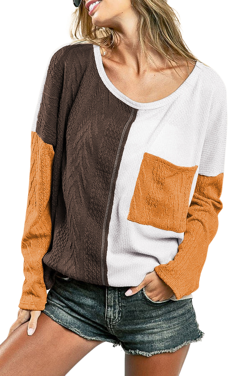 Orange Long Sleeve Colorblock Chest Pocket Textured Knit Top