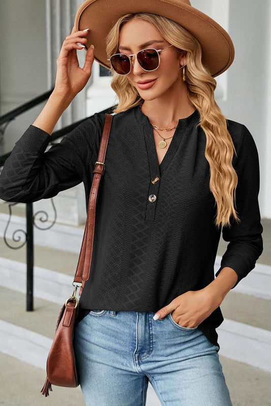 Jacquard V Neck Buttoned Blouse