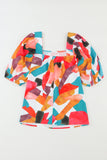 Square Neck Abstract Print Short Sleeve Blouse