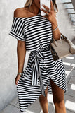 Khaki Stripe Short Sleeve Belted Wrapped Hemline T-Shirt Dress